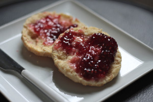 Buttered biscuits with jam. Yum.